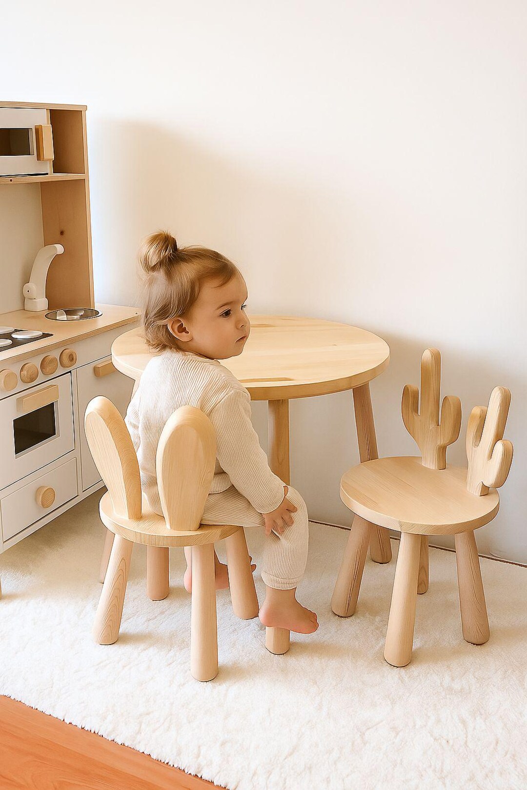 Wooden Kids Table and Chairs Set – Cactus & Bunny Backrest Design ...