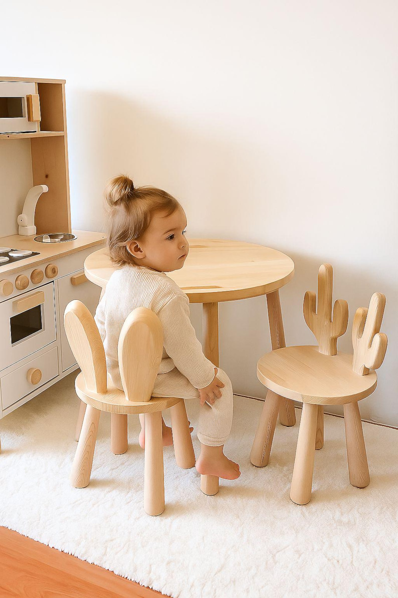 Wooden Kids Table and Chairs Set – Cactus & Bunny Backrest Design ...