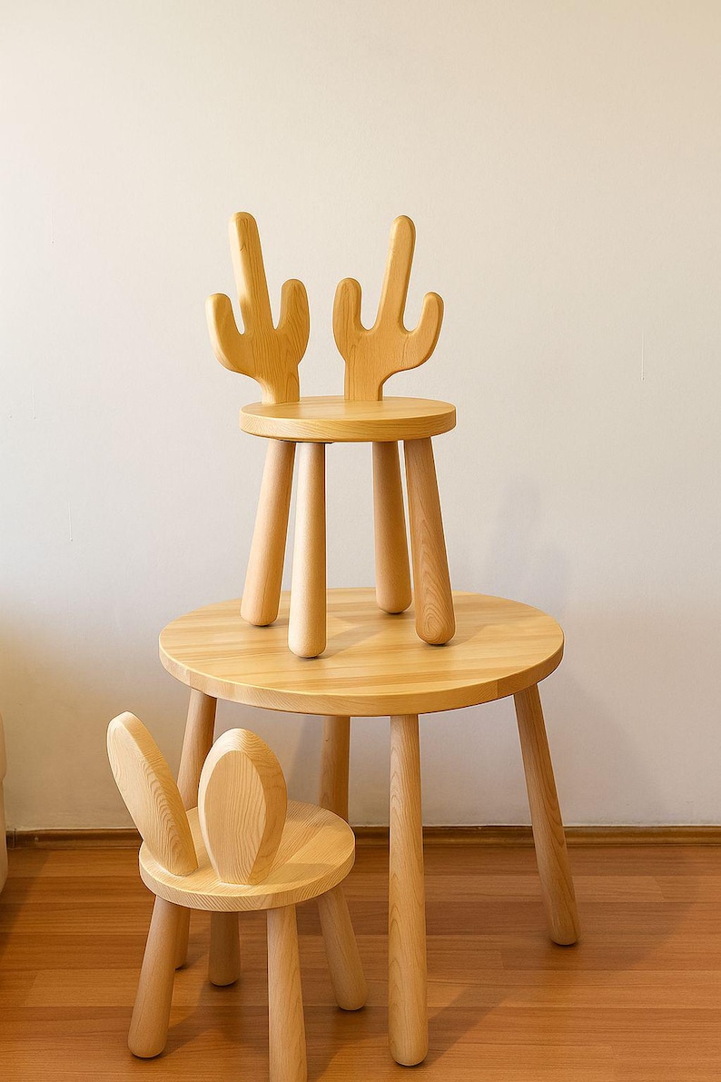 Wooden Kids Table and Chairs Set – Cactus & Bunny Backrest Design ...