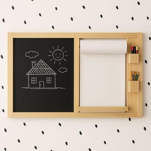Montessori-Inspired Art Board – Chalkboard & Paper Roll Drawing Station for Kids | Wooden Wall-Mounted Activity Board