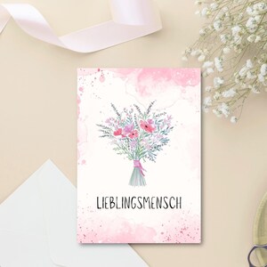 Cartão postal de Dia dos Namorados para imprimir - Aquarela rosa com buquê de flores - Para sua pessoa favorita (Para imprimir) PDF/ PNG Download instantâneo