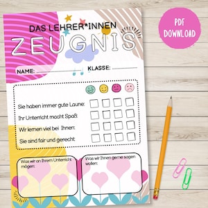 Puede incluir: Un formulario de evaluación para docentes titulado DAS LEHRER*INNEN ZEUGNIS con formas abstractas coloridas, una escala de calificación con cuatro emojis y campos en blanco para comentarios, acompañado de un lápiz amarillo y dos clips.