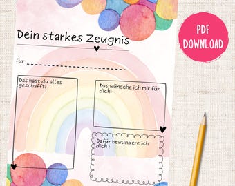 Motivational report card for children - Celebrating strengths and successes - PDF for immediate download and printing