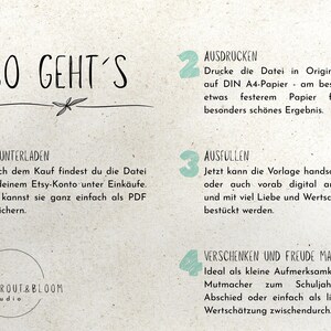 May include: A beige printable with the text "SO GEHT'S" and instructions in German. The steps include downloading, printing, filling out, and gifting. A floral illustration and the words "SPROUT & BLOOM Studio" are also present.