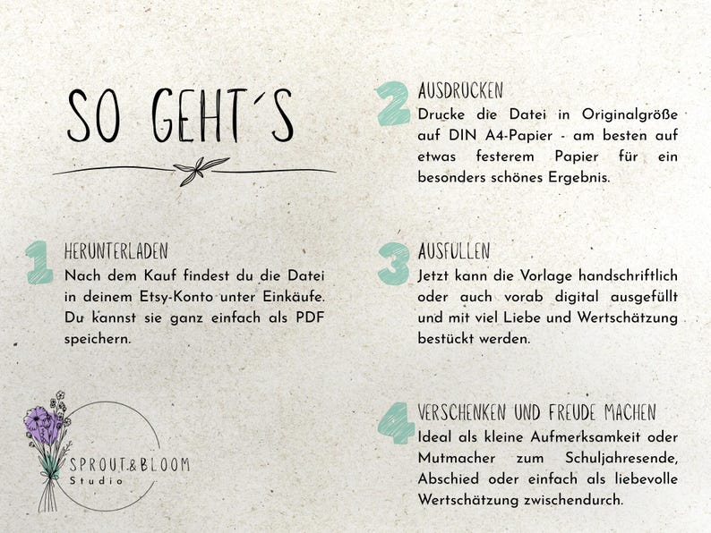 May include: A beige printable with the text "SO GEHT'S" and instructions in German. The steps include downloading, printing, filling out, and gifting. A floral illustration and the words "SPROUT & BLOOM Studio" are also present.