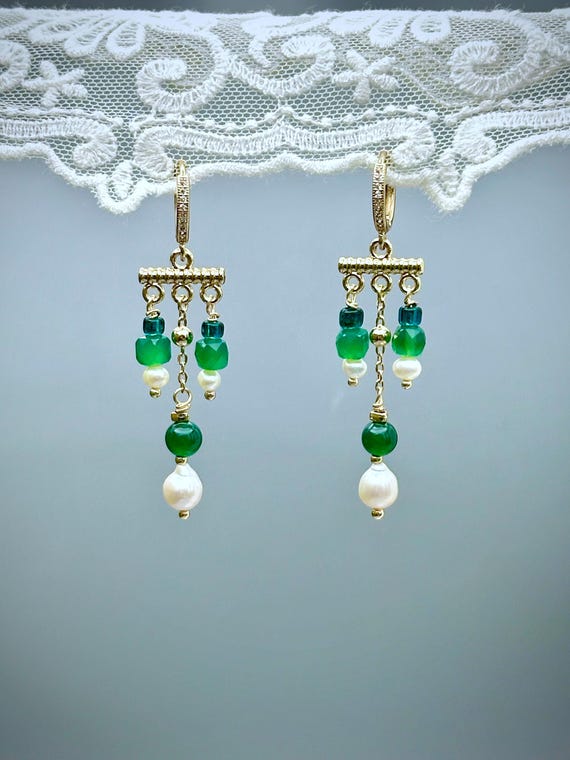 Boucles D'oreilles Pendantes Perles Verte, Noir Et Bleu - Occasion - Sans Marque