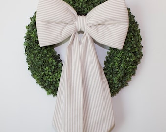 Handmade Neutral Wreath Bow | Striped Linen Bow
