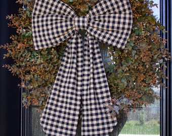Handmade Gingham Fabric Wreath Bow: French Cottage Farmhouse Decor