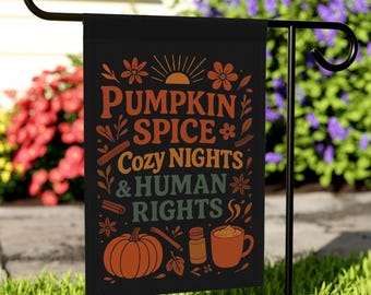 Bandera de jardín demócrata anti-Trump, bandera de otoño con especias de calabaza y derechos humanos, arte de jardín anti-Trump, bandera de jardín anti-Maga, regalo anti-Trump