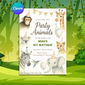 Convite de festa de animais EDITÁVEL, convite de aniversário de safári, convite de aniversário de safári boho, cartão de primeiro aniversário da selva, convite de animais da selva