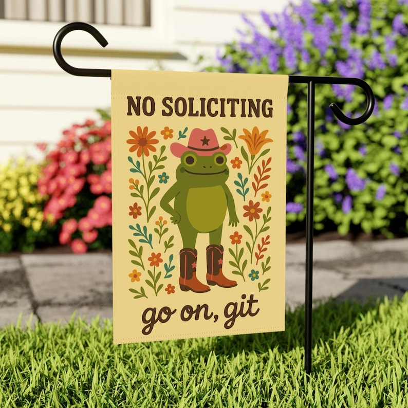 Funny No Soliciting Garden Flag, No Soliciting Yard Sign, Go Away Flag, Funny Yard Flag, Frog Garden Sign, No Solicitors Sign, Go On Git image 1