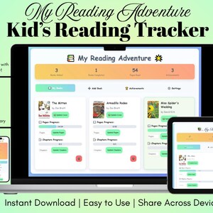May include: A digital reading tracker for children, shown on a laptop, tablet, and phone. The interface includes a progress bar, book library, and achievement tracking. The text reads "My Reading Adventure Kid's Reading Tracker". The design is on a gradient green background.