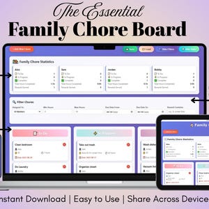 Puede incluir: Un tablero digital de tareas familiares que se muestra en una computadora portátil, una tableta y un teléfono. La interfaz es morada y blanca, con secciones para estadísticas de tareas, filtrado y seguimiento de tareas. El texto incluye "Family Chore Board".