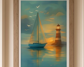 Sailboat and Lighthouse Sunset Art Print – Nautical Coastal Wall Decor (Digital Download)