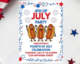 4th of July Party Invitation Template – Dancing Hot Dogs – Editable 5x7 Canva Download