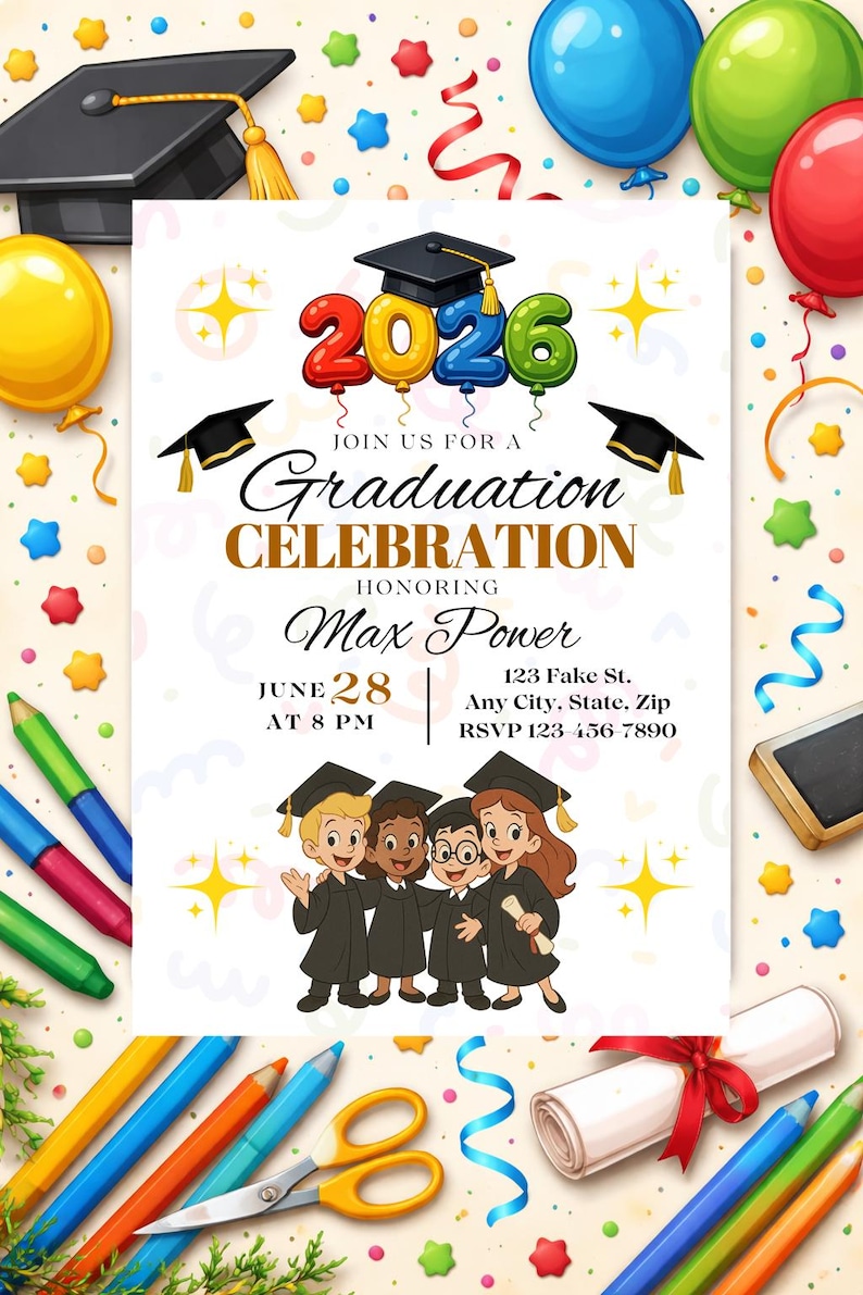 2026 Graduation Invitation – Cartoon Kids, Canva Template (digital ...