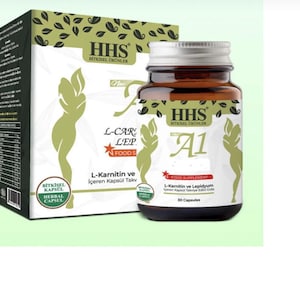 May include: A box and a bottle of HHS A1 food supplement capsules. The box is white with green accents and text, including "L-Carnitine" and a silhouette of a person. The bottle is brown with a silver lid and the text "A1" and "30 Capsules".