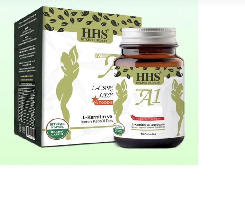 May include: A box and a bottle of HHS A1 food supplement capsules. The box is white with green accents and text, including "L-Carnitine" and a silhouette of a person. The bottle is brown with a silver lid and the text "A1" and "30 Capsules".