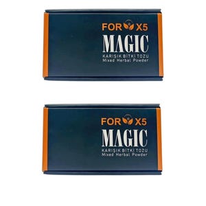 May include: Two rectangular boxes with a dark blue background and orange sides. The boxes have the text "FOR X5 MAGIC" in white, with "KARIŞIK BİTKİ TOZU Mixed Herbal Powder" below.