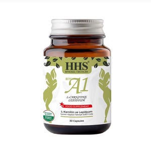 May include: A brown glass bottle with a silver lid, labeled with "HHS" and "A1 L-CARNITINE LEPIDIUM FOOD SUPPLEMENT". The label features green leaf designs and a silhouette of a person. Contains 30 capsules.