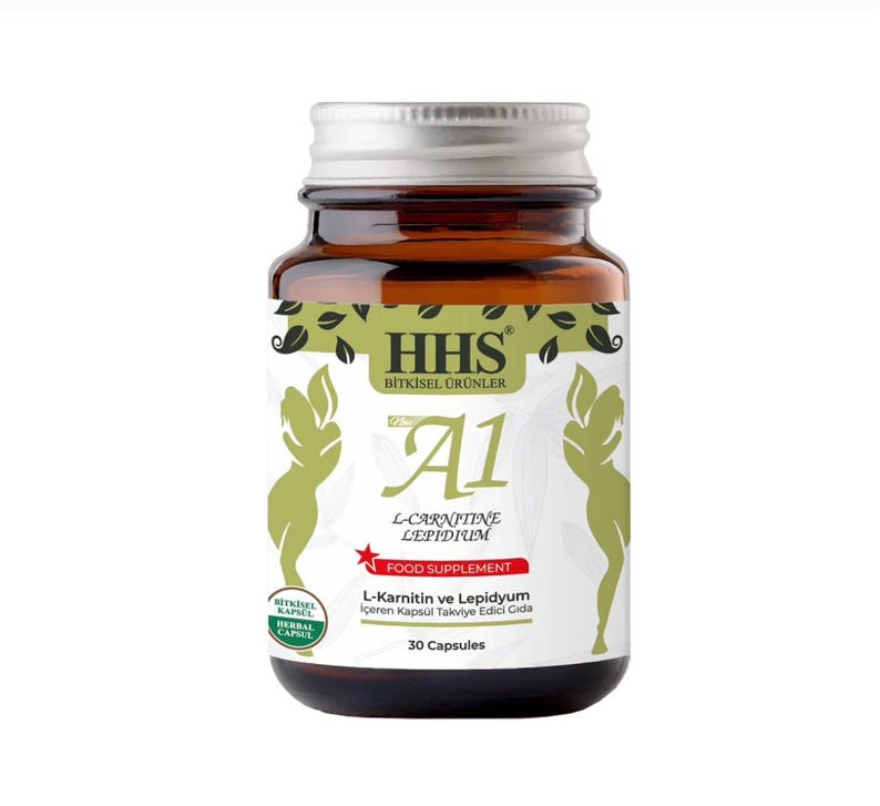 May include: A brown glass bottle with a silver lid, labeled with "HHS" and "A1 L-CARNITINE LEPIDIUM FOOD SUPPLEMENT". The label features green leaf designs and a silhouette of a person. Contains 30 capsules.