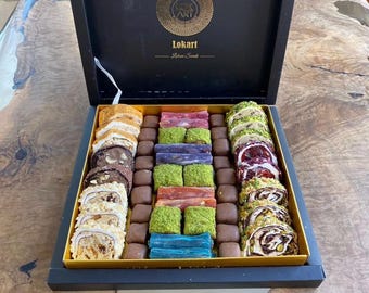 Coffret cadeau de 1 kg de délices turcs assortis | Bonbons gourmets faits main Lokum, arômes de pistache, de rose et de chocolat