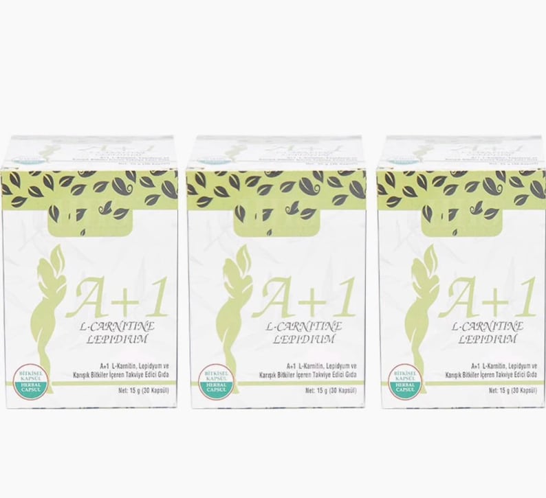 May include: Three white boxes of A+1 L-Carnitine Lepidium supplements. Each box features a green leaf design at the top and a stylized green figure. Text includes "A+1 L-Carnitine Lepidium" and "Herbal Capsule".