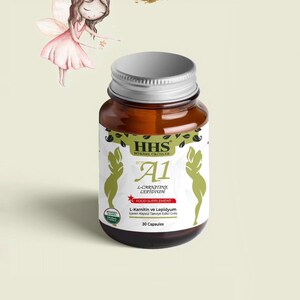 May include: A brown glass bottle with a silver lid, labeled "HHS A1 L-Carnitine Lepidium Food Supplement." The label features green silhouettes and text in white and red. The bottle contains 30 capsules. A fairy illustration is in the background.