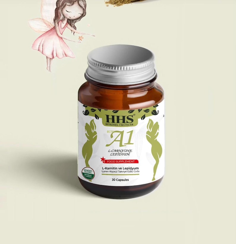 May include: A brown glass bottle with a silver lid, labeled "HHS A1 L-Carnitine Lepidium Food Supplement." The label features green silhouettes and text in white and red. The bottle contains 30 capsules. A fairy illustration is in the background.