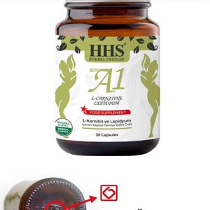 May include: A brown glass bottle of "A1 L-Carnitine Lepidium" food supplement capsules. The label includes the text "HHS Bitkisel &Uuml;r&uuml;nler", "Food Supplement", and "30 Capsules". The bottle has a silver cap and a green and white label.