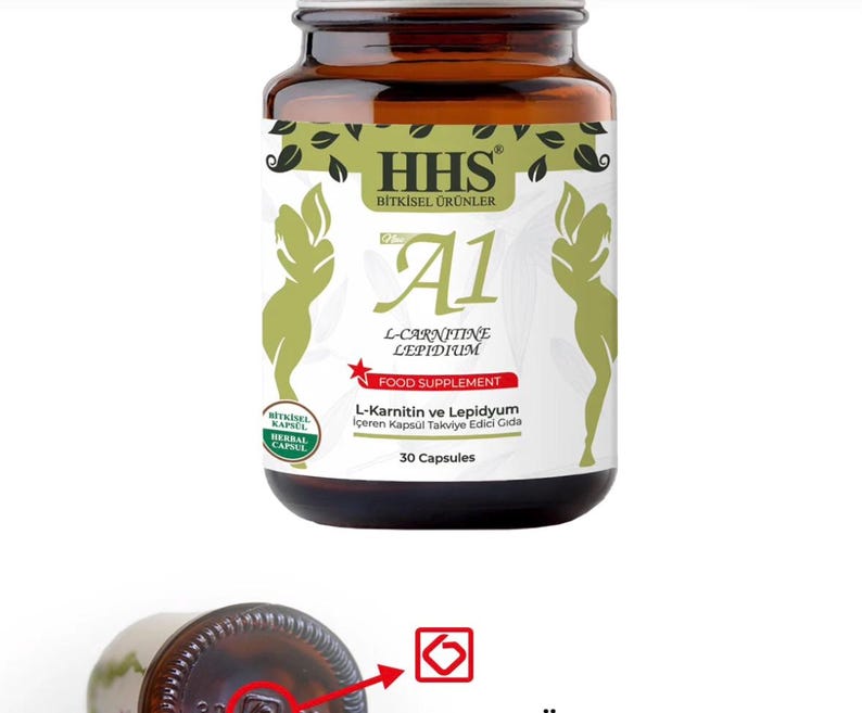 May include: A brown glass bottle of "A1 L-Carnitine Lepidium" food supplement capsules. The label includes the text "HHS Bitkisel &Uuml;r&uuml;nler", "Food Supplement", and "30 Capsules". The bottle has a silver cap and a green and white label.