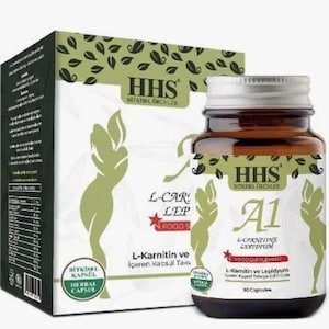 Op de afbeelding: Een productdoos en flesje HHS kruidencapsules. De doos en fles zijn wit en bruin, met groene bladeren en tekst. De fles is gelabeld "A1 L-Carnitine Lepidium" en "30 Capsules". De doos heeft ook Turkse tekst.
