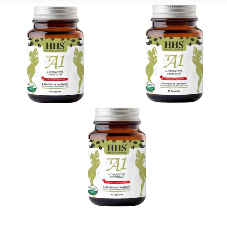 Puede incluir: Tres frascos de vidrio marr&oacute;n con tapas plateadas, cada uno etiquetado con "HHS" y "A1 L-Carnitine Lepidium" en blanco y verde. Las etiquetas tambi&eacute;n presentan una silueta verde estilizada de una persona. Cada frasco contiene 30 c&aacute;psulas.