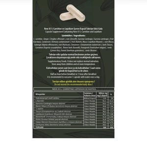 Puede incluir: Dos c&aacute;psulas blancas descansan sobre una hoja de informaci&oacute;n del producto. La hoja enumera ingredientes como L-carnitina, Garcinia Cambogia y Canela. El producto es un suplemento diet&eacute;tico, con una dosis diaria recomendada. La etiqueta incluye el texto "NEW A1 L-CARNITINE LEPIDIUM 30 KAPS&Uuml;L".