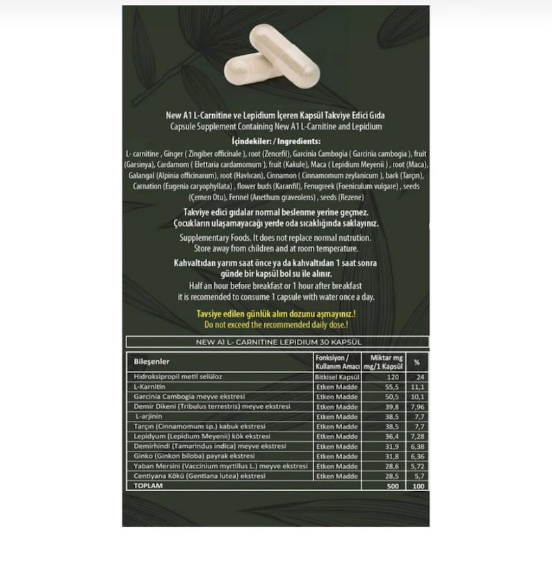 Puede incluir: Dos c&aacute;psulas blancas descansan sobre una hoja de informaci&oacute;n del producto. La hoja enumera ingredientes como L-carnitina, Garcinia Cambogia y Canela. El producto es un suplemento diet&eacute;tico, con una dosis diaria recomendada. La etiqueta incluye el texto "NEW A1 L-CARNITINE LEPIDIUM 30 KAPS&Uuml;L".