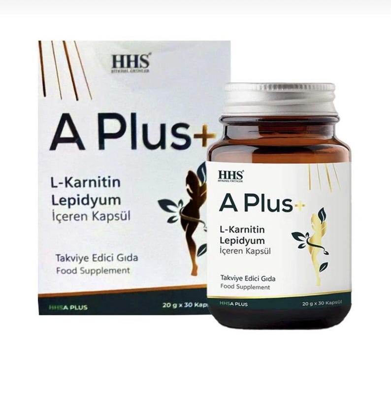Puede incluir: Una foto de un producto que muestra una caja y un frasco de c&aacute;psulas de suplemento alimenticio A Plus+ L-Carnitina Lepidyum. La caja y el frasco son blancos con detalles dorados y marrones. El texto incluye la marca HHS y el nombre del producto. El frasco contiene 30 c&aacute;psulas.