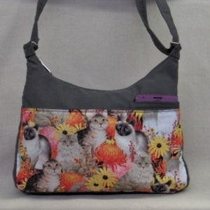 Cats in Grey Crossbody Medium Denim Handbag Cell phone pocket & 2 front pockets one in back, 2 inside lite color lining