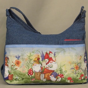 Gnomes in Garden Denim Handbag front cell pocket w 2 others, full back pocket 2 pockets inside crossover strap, Medium or Large