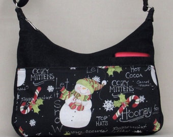 Snowman Christmas handbag adjustable strap Medium Black purse cell pocket with 2 other n front and 1 in back & 2 inside of lite color lining