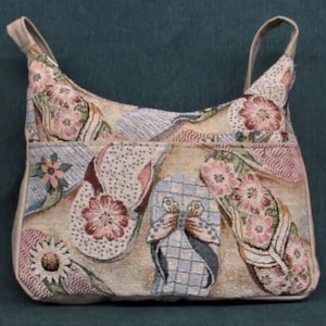 Flipflop Large Summer Tapestry Handbag 13 x 10 deep. Front cell pocket Long back pocket 2 inside. Sand color trim Handmade one at a time.