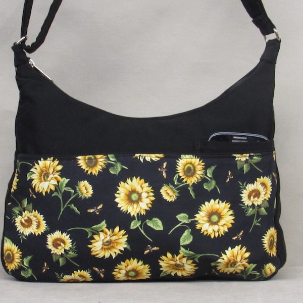 Sunflower Handbag in Black fabric Fall medium handbag crossbody strap cell pocket n front with 2 pockets and 1 in back 2 inside beige lining