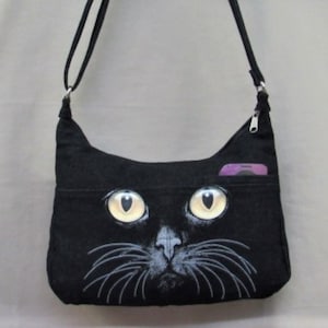 Black Cat Medium size handbag in Denim free shipping with adjustable strap mobile phone pocket & 2  front pockets 1 in back pockets 2 inside