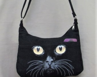 Black Cat Medium size handbag in Denim free shipping with adjustable strap mobile phone pocket & 2  front pockets 1 in back pockets 2 inside
