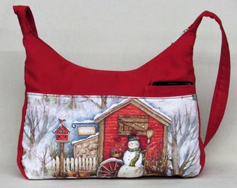 Snowman Red fabric Bag Medium Christmas Winter purse size Cell pocket in front & 2 pockets back pocket 2 inside pockets and lite color insid