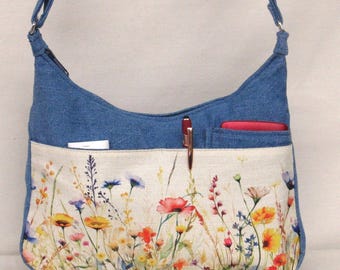 Flowers Handbag in Summer Blue Denim with pockets Free Shipping