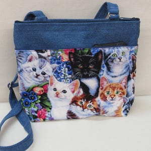 Cats Kittens crossbody handbag 2 front pockets for phone 1 back, lite color lining with 2 pockets Strap extends 25 short to 50 inches long
