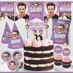 May include: A birthday party set featuring a chocolate cake with pink frosting, cupcakes, and various decorations. The decorations include banners, cake toppers, and stickers with the text "Daddy Mind" and "Happy Birthday". The words "Digital file" are also visible.