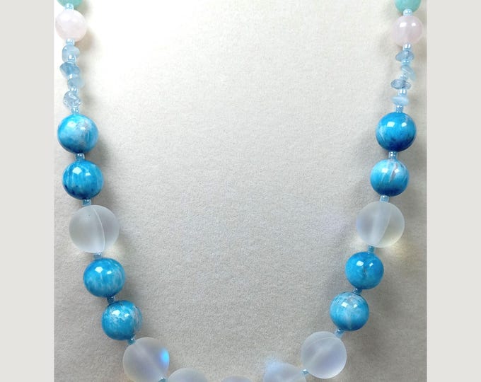 Featured listing image: Apatite, Blue Light Moonstone, Rose Quartz, and Aquamarine Chips Beaded Necklace