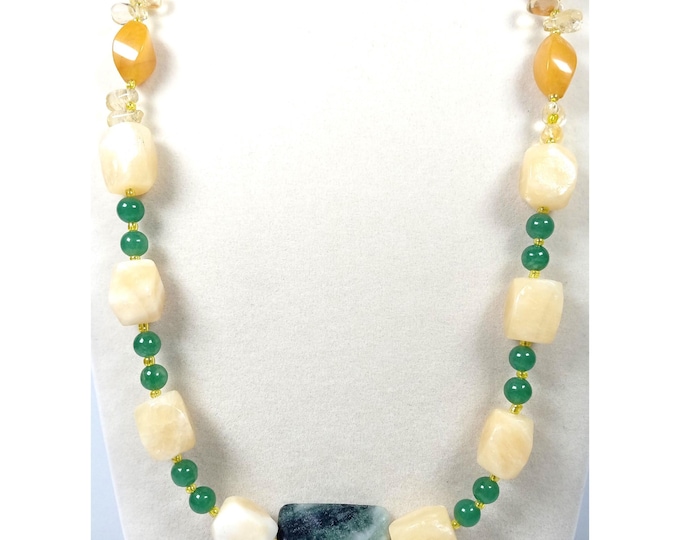 Featured listing image: Honey & Orange Calcites, Green Jasper, Jade, and Citrine Chips Beaded Necklace