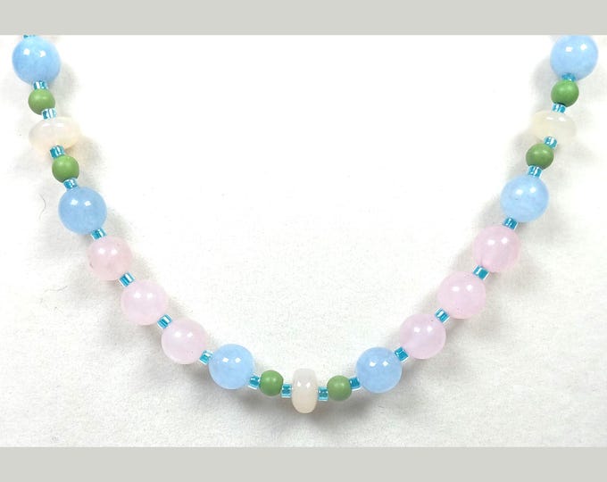 Featured listing image: Blue Chalcedony and Rose Quartz with Ethiopian Opal and Green Jasper Beaded Necklace